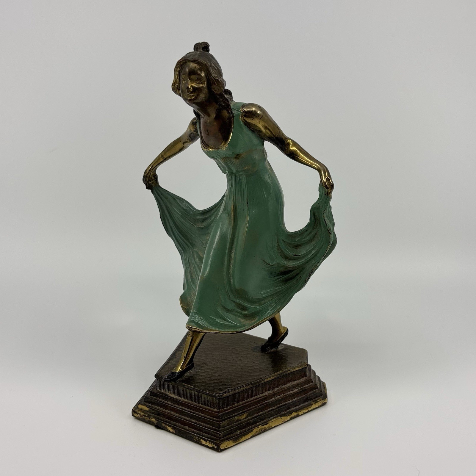 Antique Art Deco Dancing Girl In Blue Dress Brass Statue Figurine