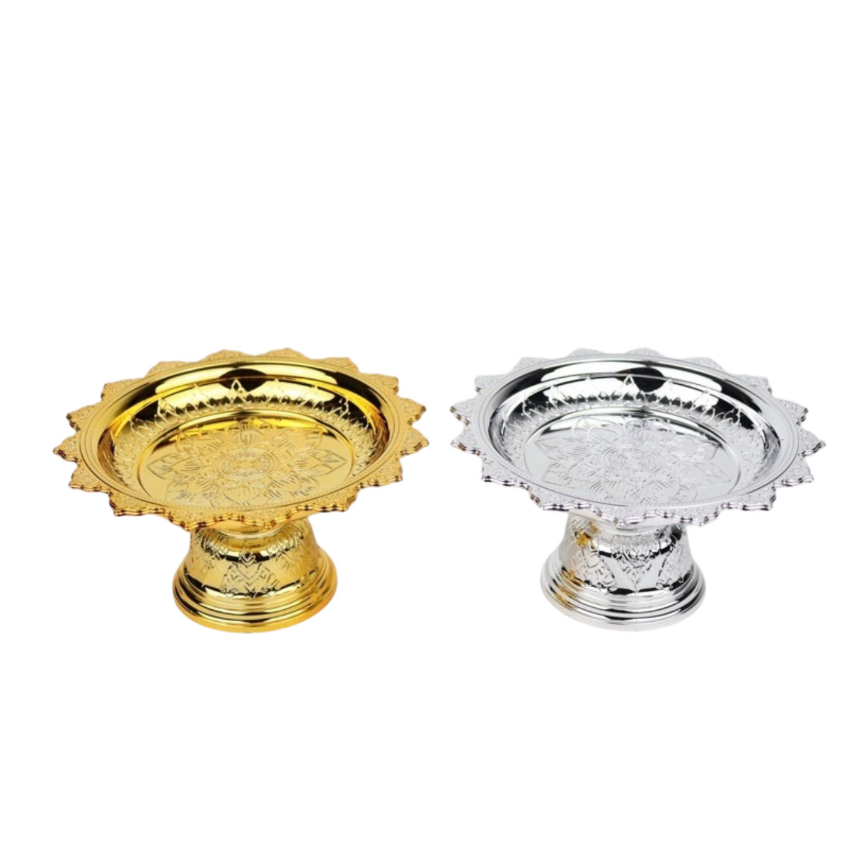 Vintage Thai Pedestal Trays Gold Silver Pair Asian Temple Style Decor x 2 Set