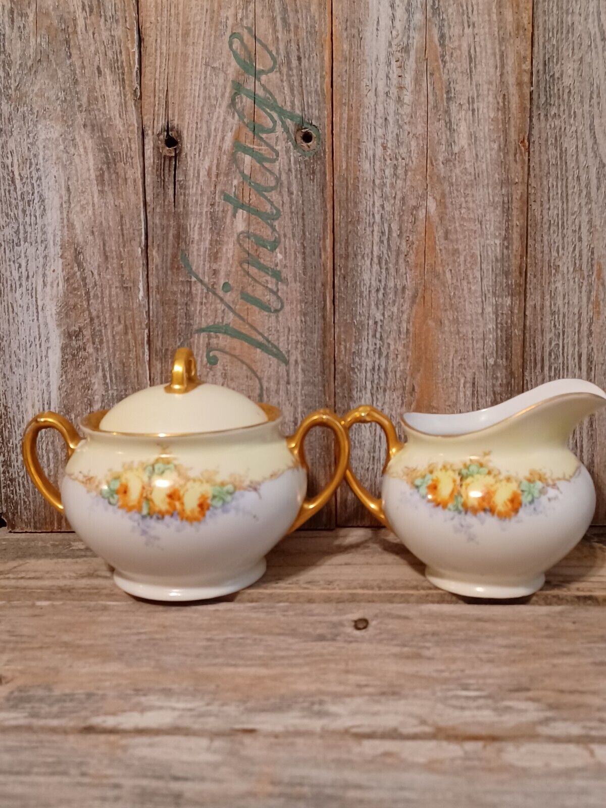 Vintage MZ Austria Creamer and Sugar Bowl Gold Trimmed Yellow/ Purple Floral