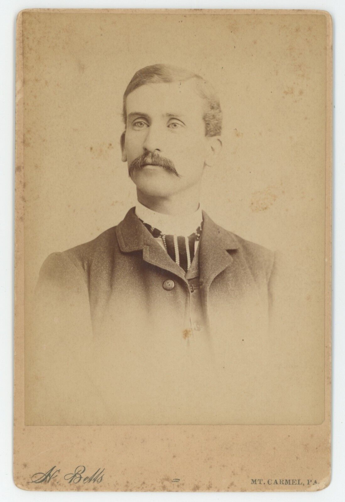 Antique c1880s Cabinet Card Handsome Dashing Man With Mustache Mt. Carmel, PA
