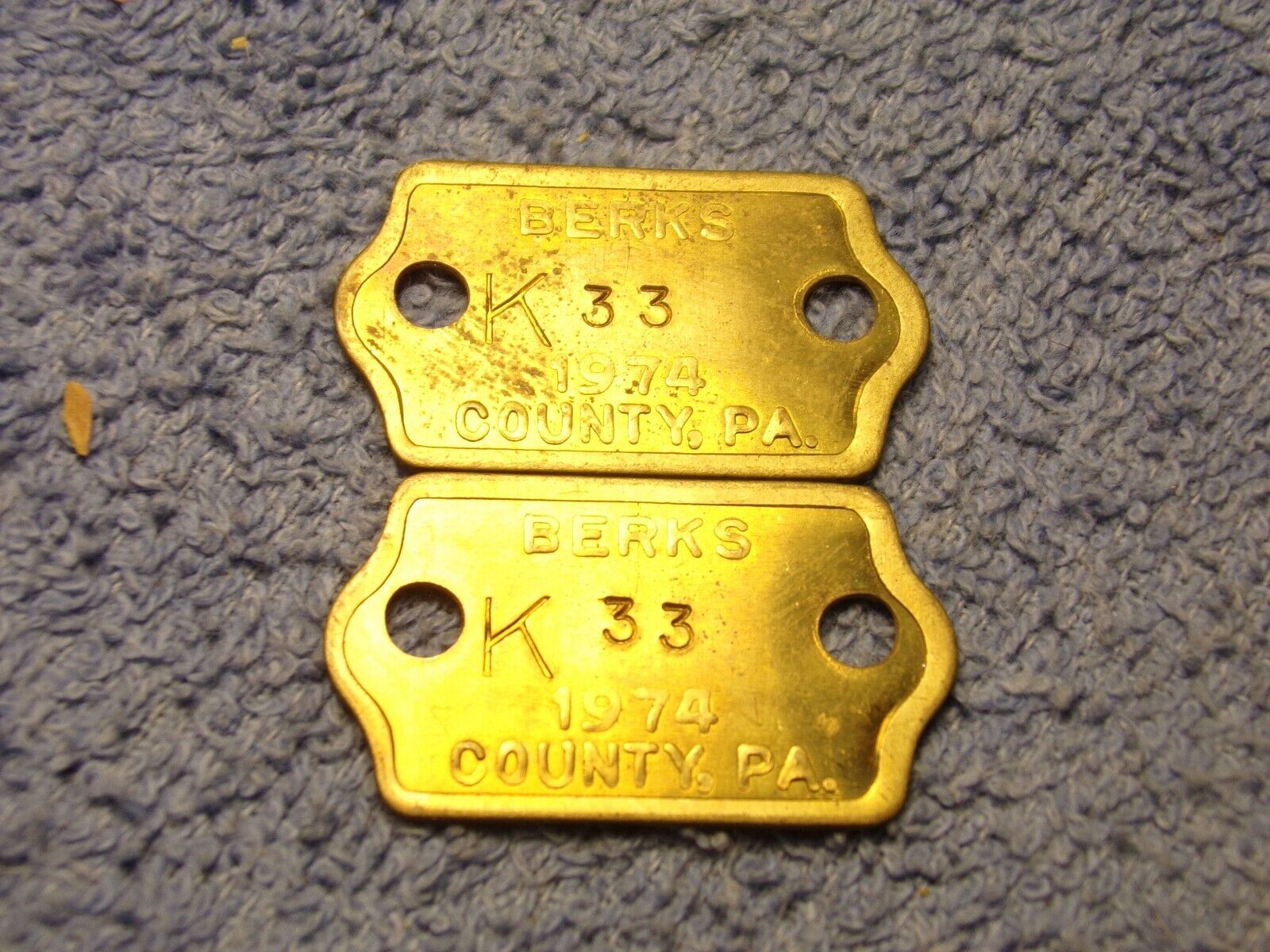 2 Vintage 1974 Berks Co. Pa., Brass Dog Tag Tax License #K33