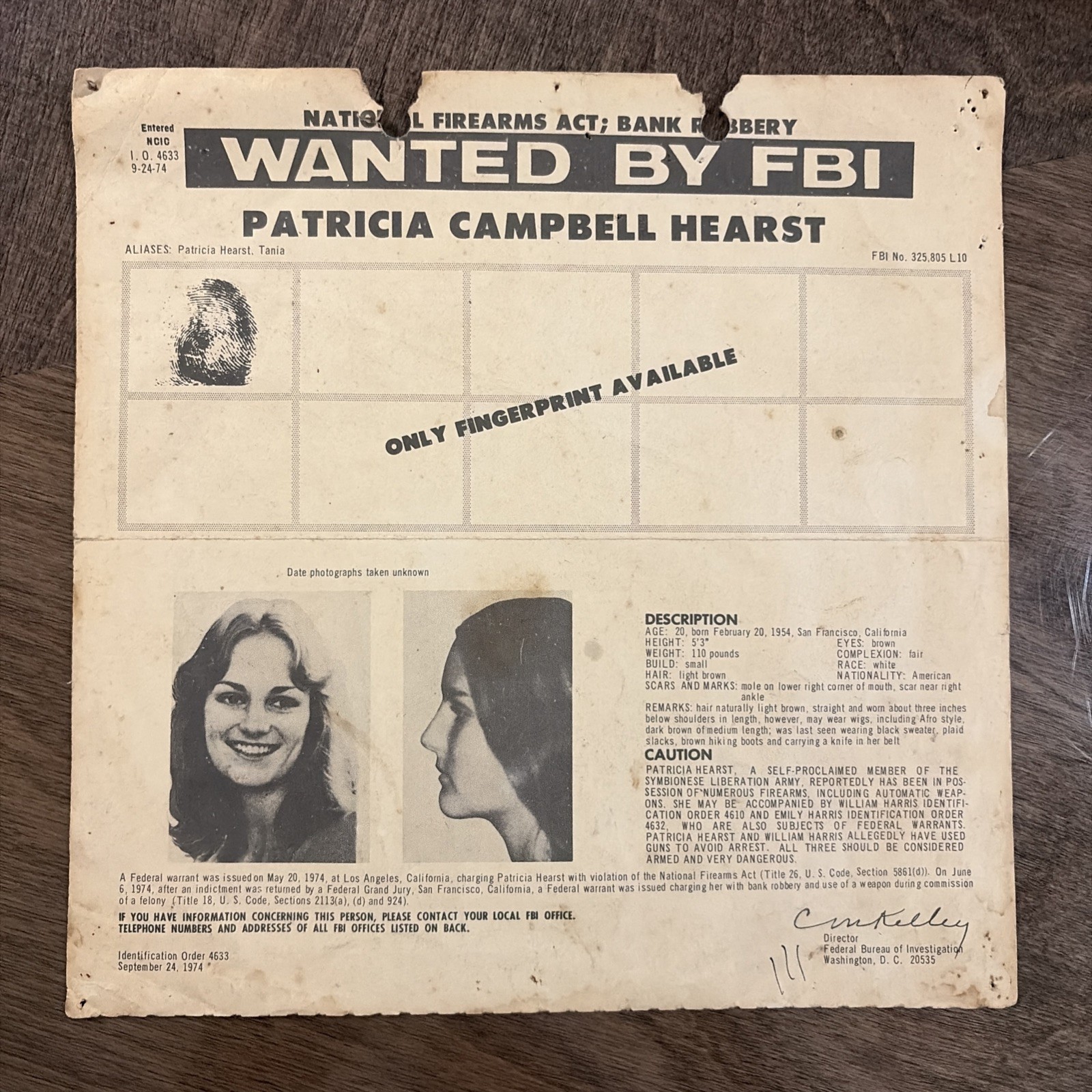 Original FBI Wanted Poster Patricia “Patty” Campbell Hearst SLA Sept. 24 1974 