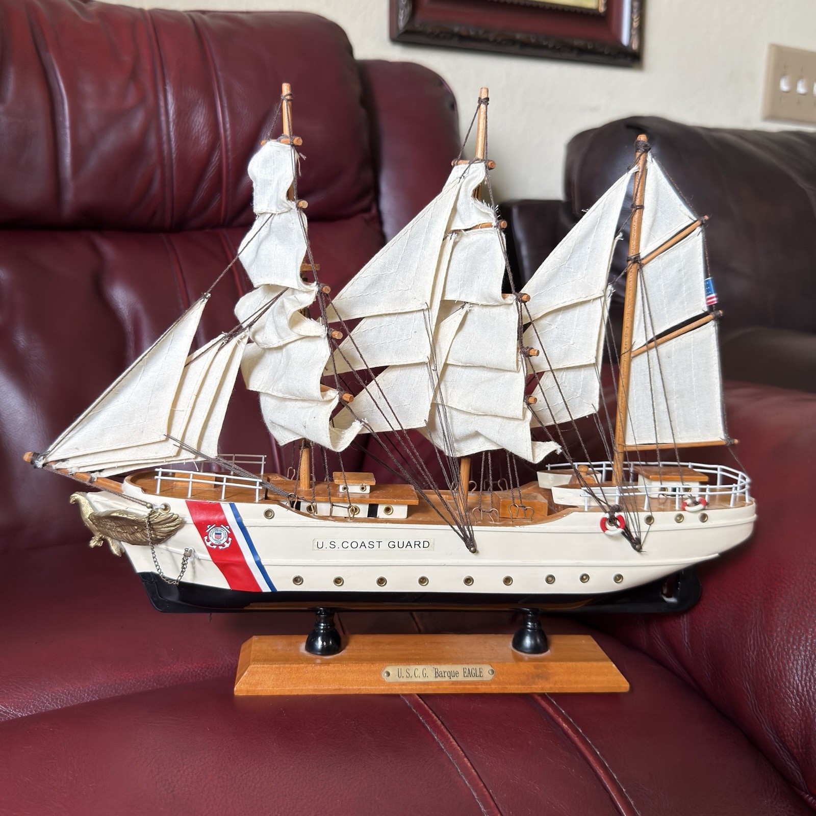Vintage Wooden Model Ship USCG Barque Eagle  US Coastguard  Tall Sailing  Boat