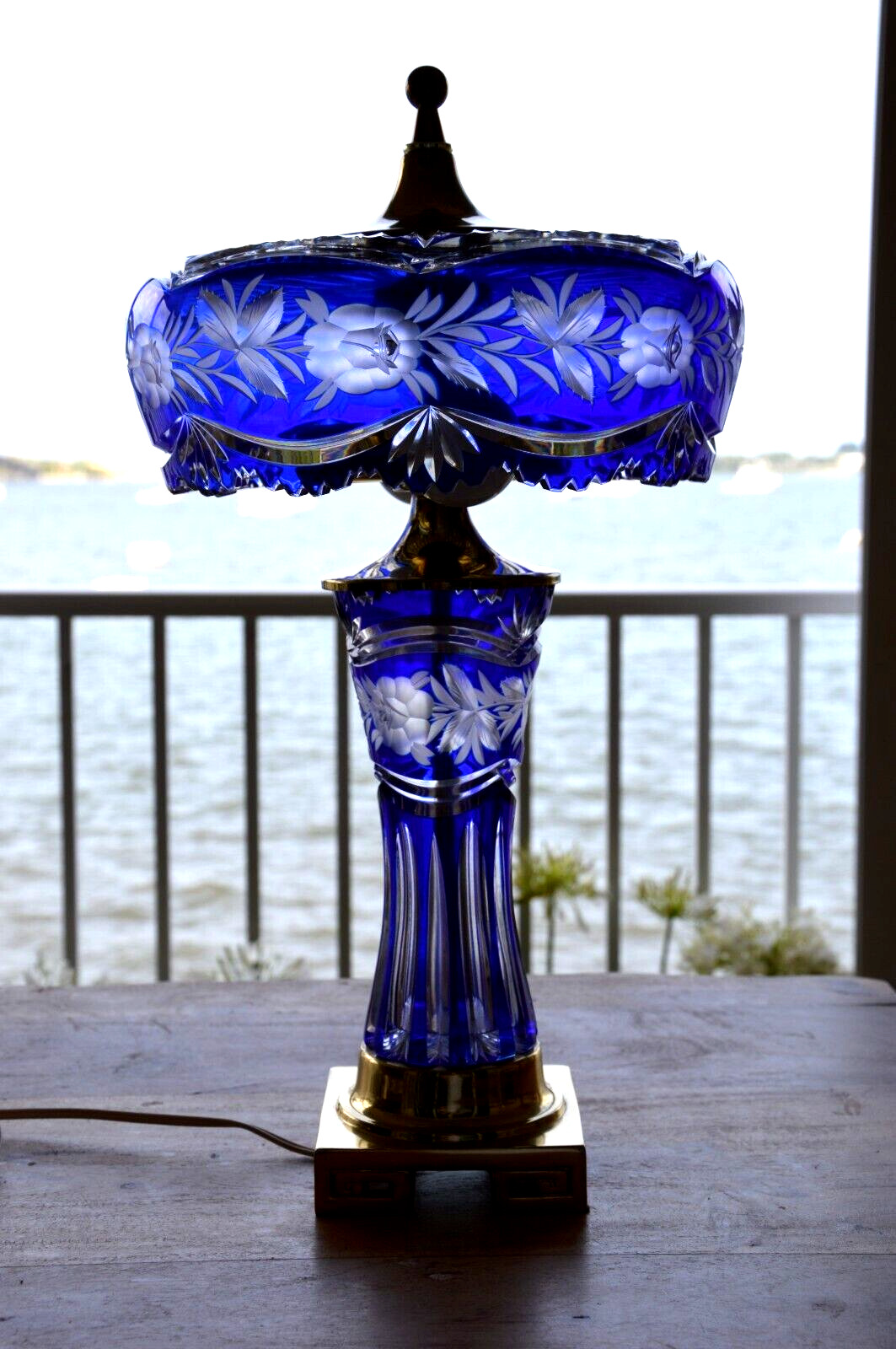 Beautiful Heavy Hand Cut Cobalt Blue Crystal Accent Lamp-- Dresden By Peck