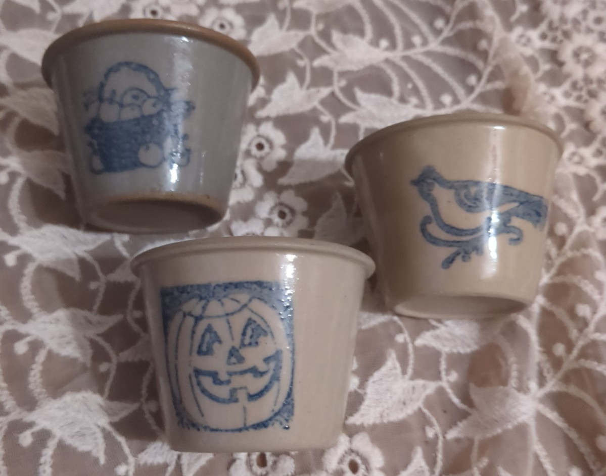 3 Vtg Beaumont Bros Salt Glazed Pottery Miniature Planters Dove Apples Pumpkin