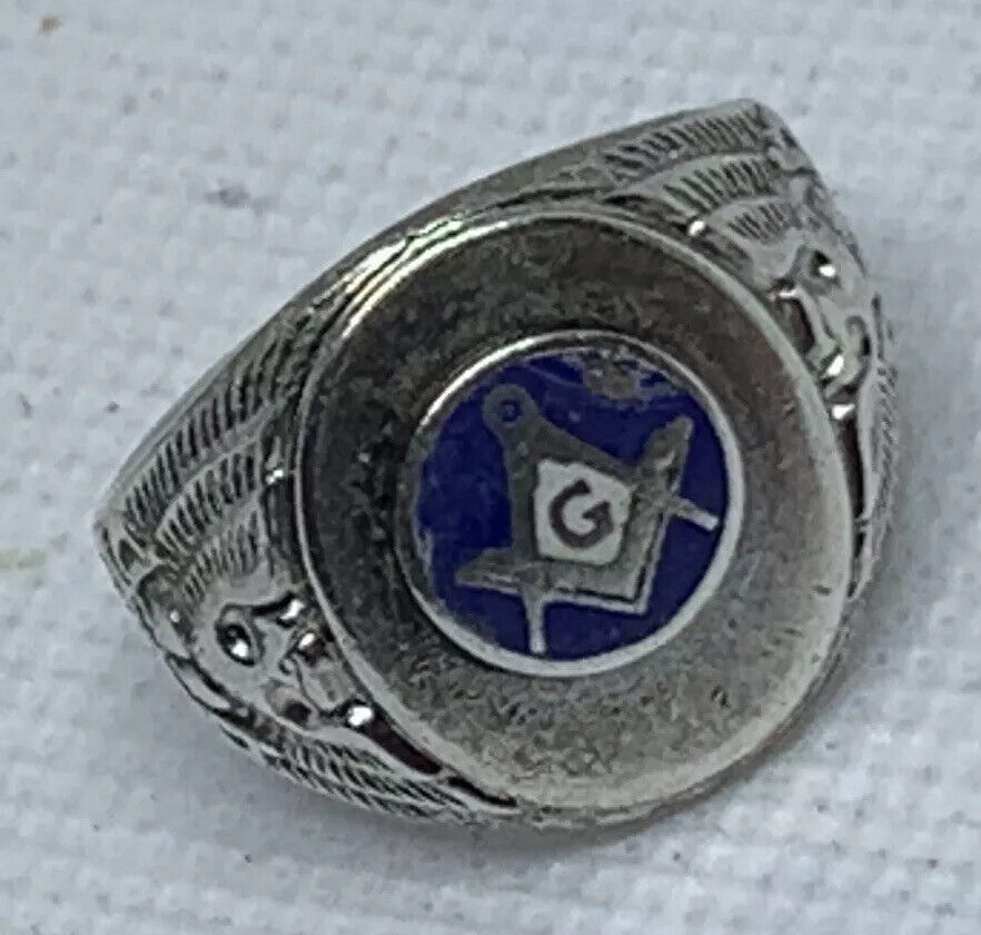 Sterling Silver Blue Enamel Masonry Compass Masonic Military Shield Ring-NR