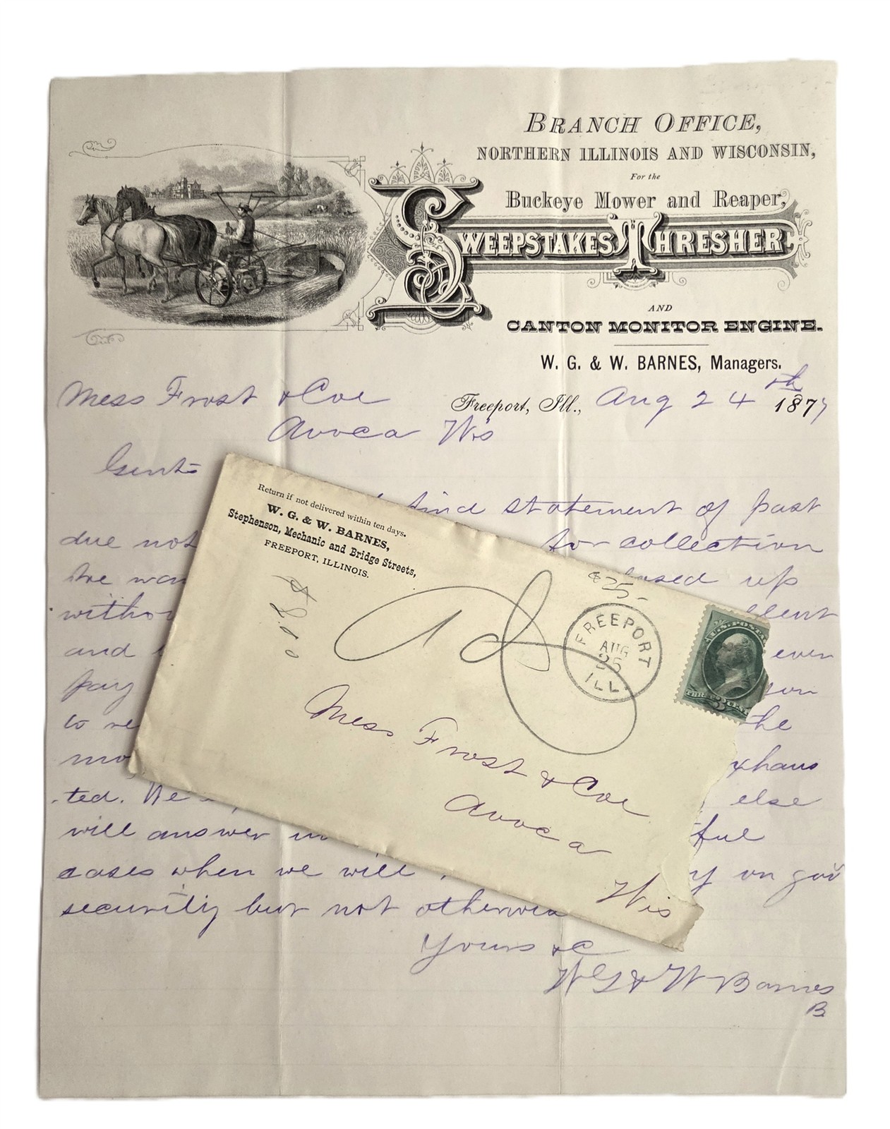 1875 antique WG & W BARNES freeport il BUCKEYE MOWER SWEEPSTAKES THRESHER LETTER