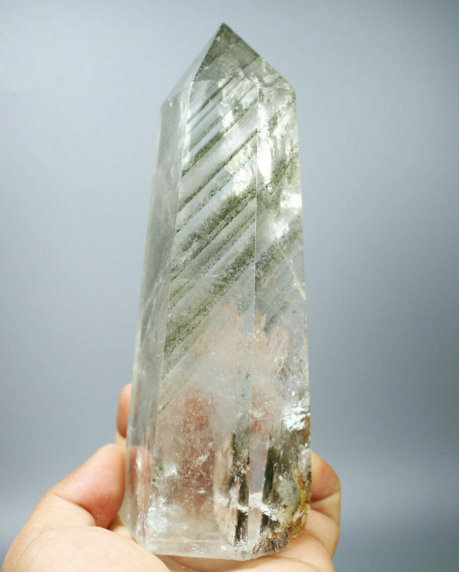 2.02lb Natural Clear Green Phantom Quartz Crystal Obelisk Wand Point Healing