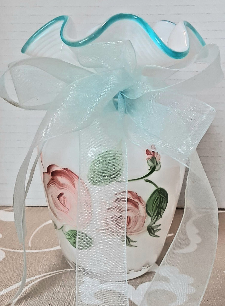 Rose Vase w/White Swirled Encased Glass, Ruffled Edge, Hand Painted - BEAUTIFUL Rose Vase w/White Swirled Encased Glass, Ruffled Edge, Hand Painted - BEAUTIFUL