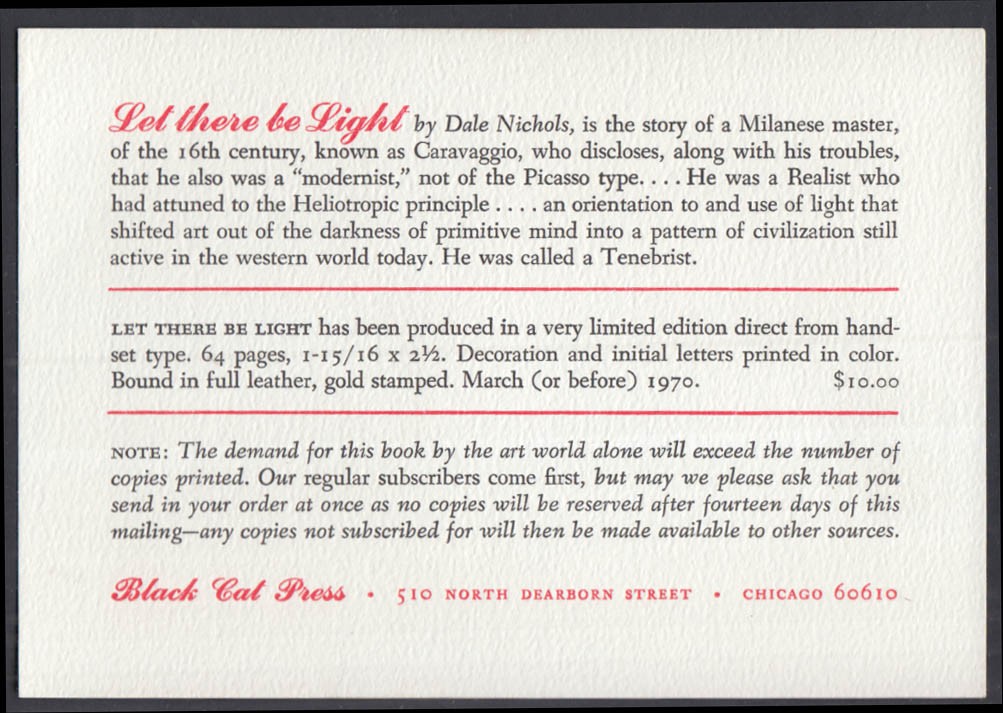 Dale Nichols: Let There Be Light PROSPECTUS card Black Cat Press 1970