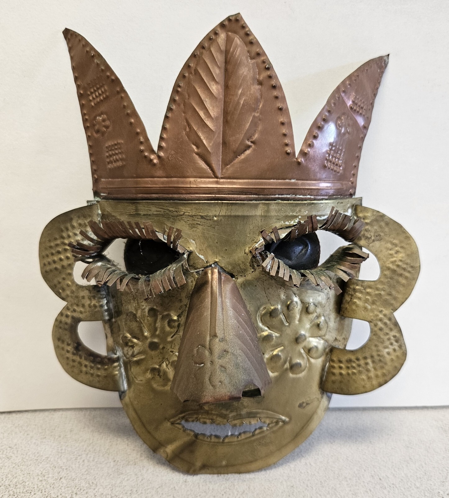 Vintage MCM Mexico Hand Made Metal KING MASK Wall Art BRASS & COPPER
