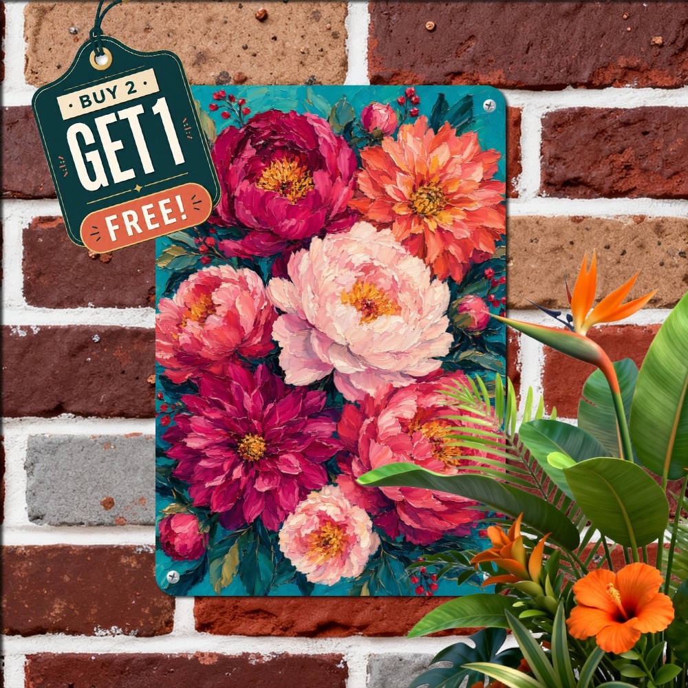 Turquoise Floral Bouquet Oil Painting Sign Impasto Spring Blossom Metal Plaque