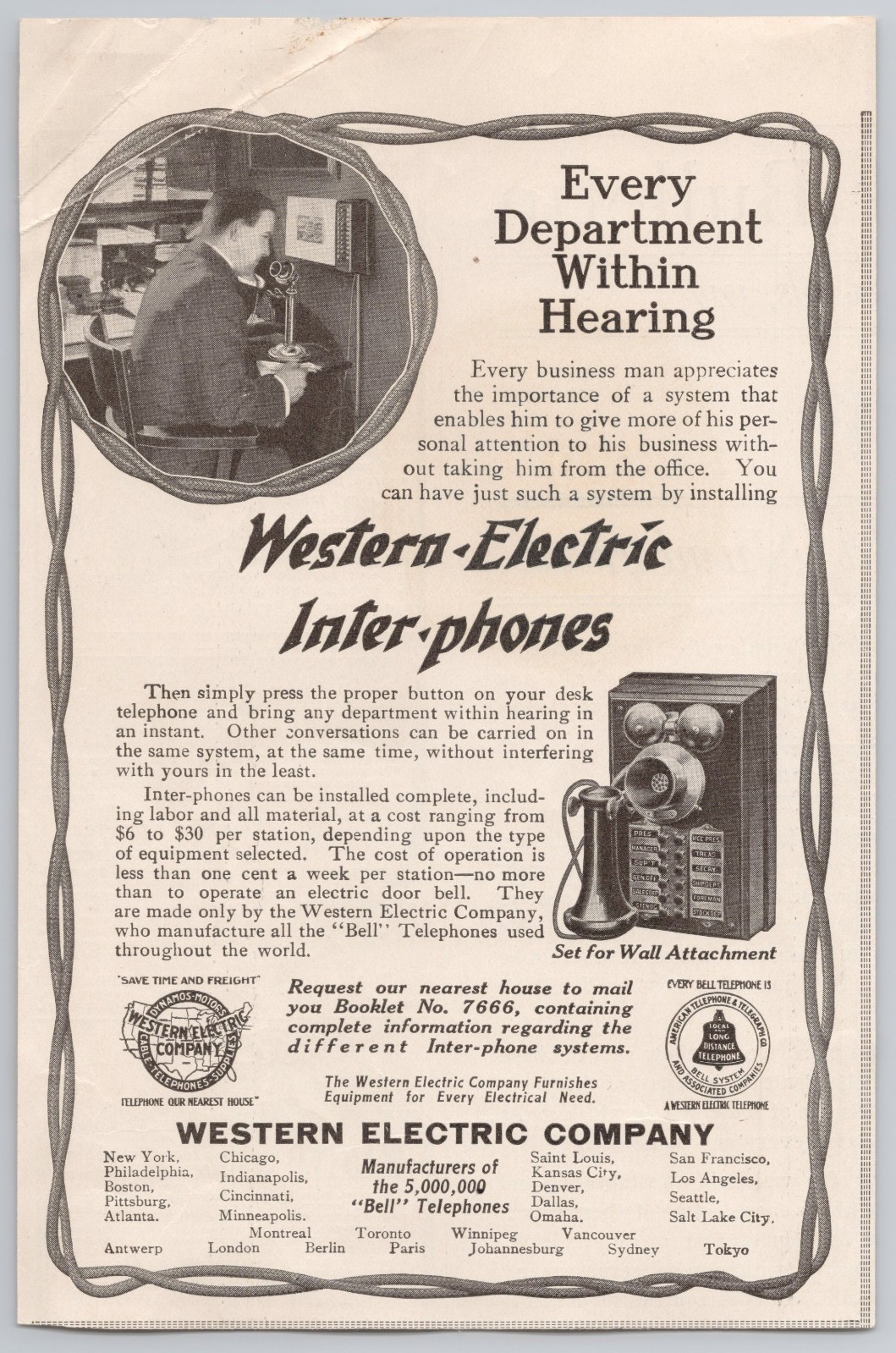 Antique Print Ad 1910 Western Electric Inter-Phones Office Telephone NY New York