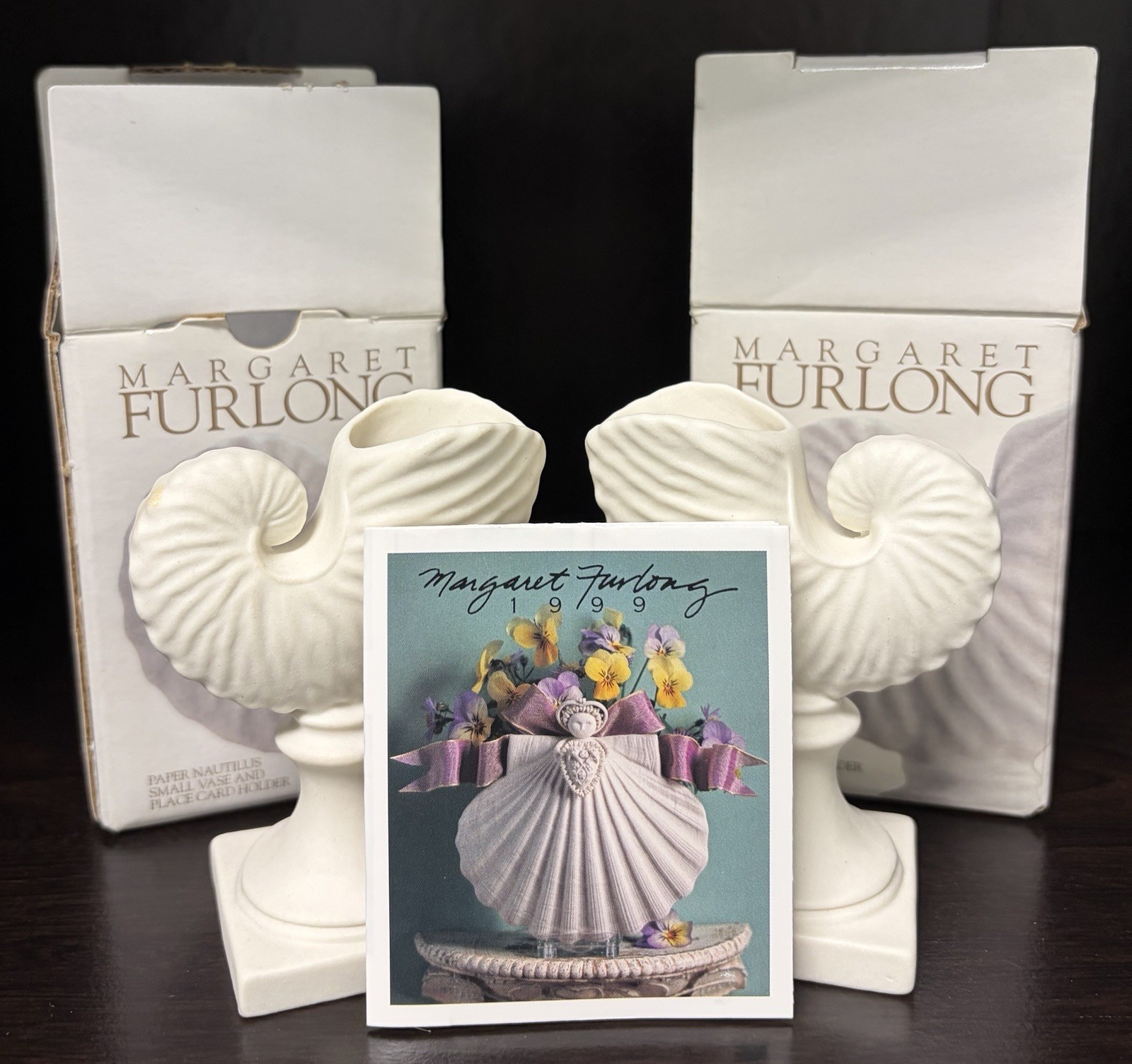 VTG Margaret Furlong PORCELAIN NAUTILUS Small Vases Place Card Holders W/ Boxes