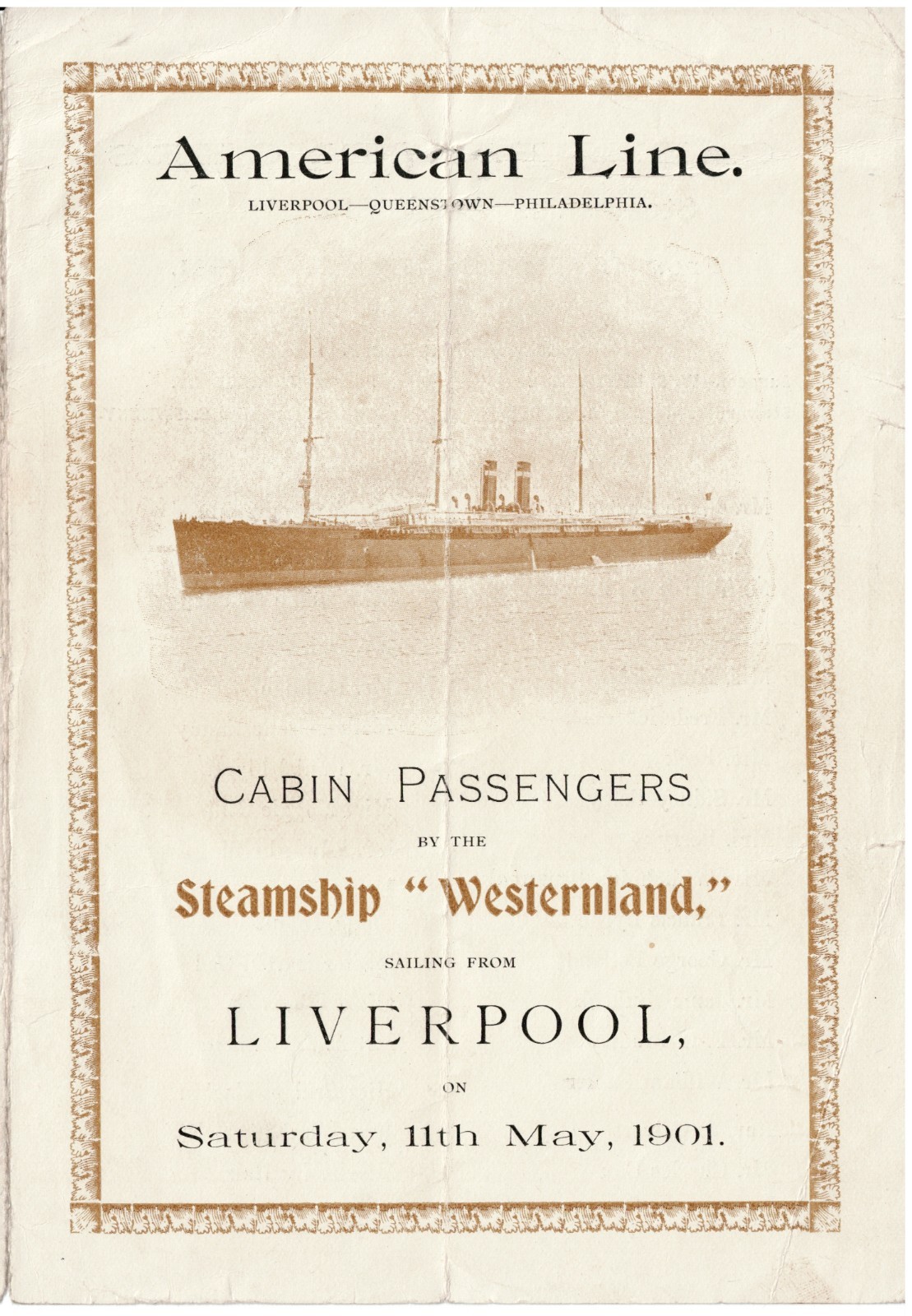 1901 SS Westernland Cabin Passenger List Liverpool Philadelphia American Line