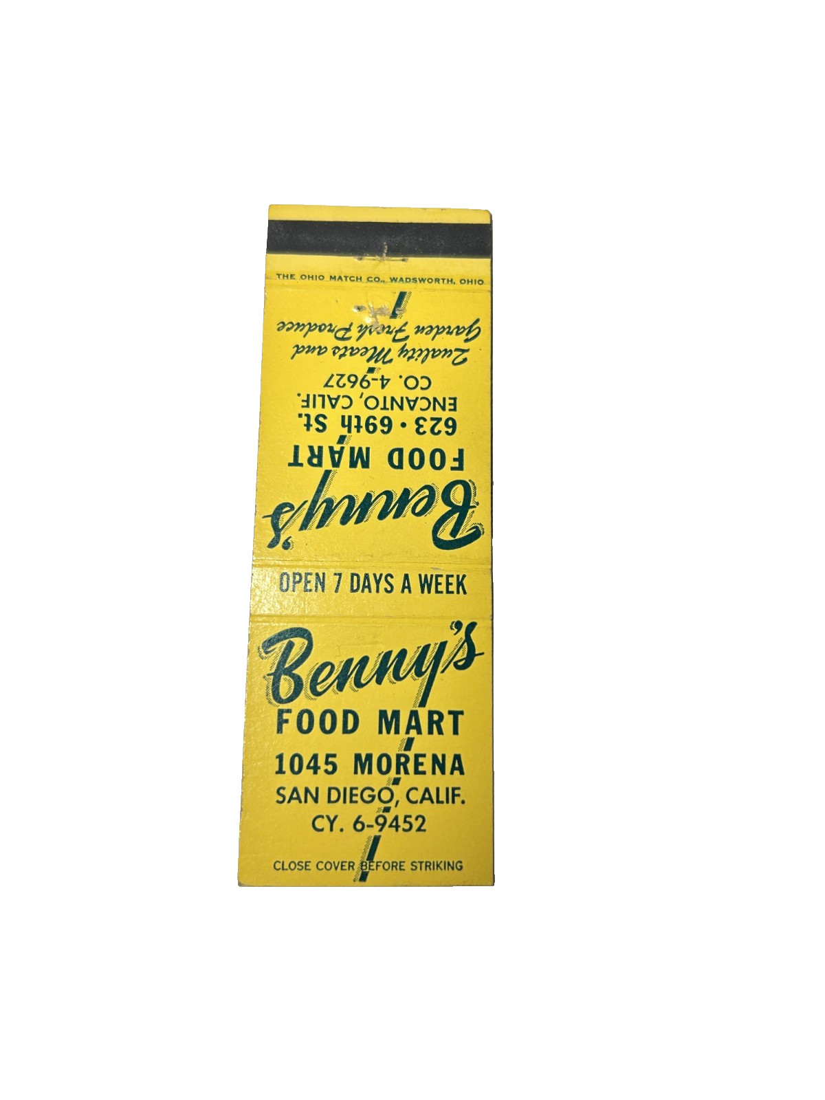 BENNY\'S FOOD MART Matchbook Matchcover - SAN DIEGO, CALIFORNIA