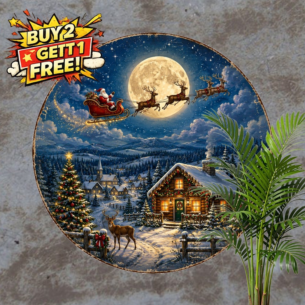 Santa Sleigh Snowy Village Round Metal Tin Sign Christmas Wall Decor 8x8