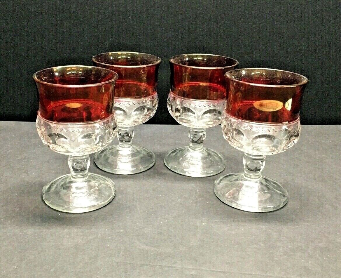 Set Of 4 Vintage Indiana Glass Kings Crown Ruby Red Rim Goblets Cordials