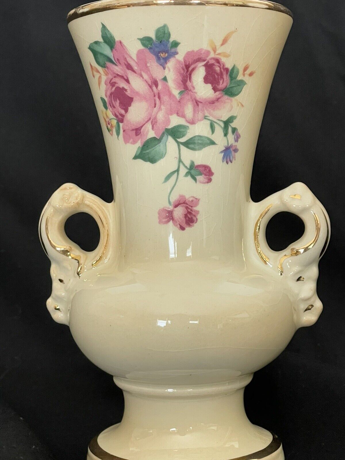 1940\'s Spaulding China Vase with Roses Gold Rim and Double Handles