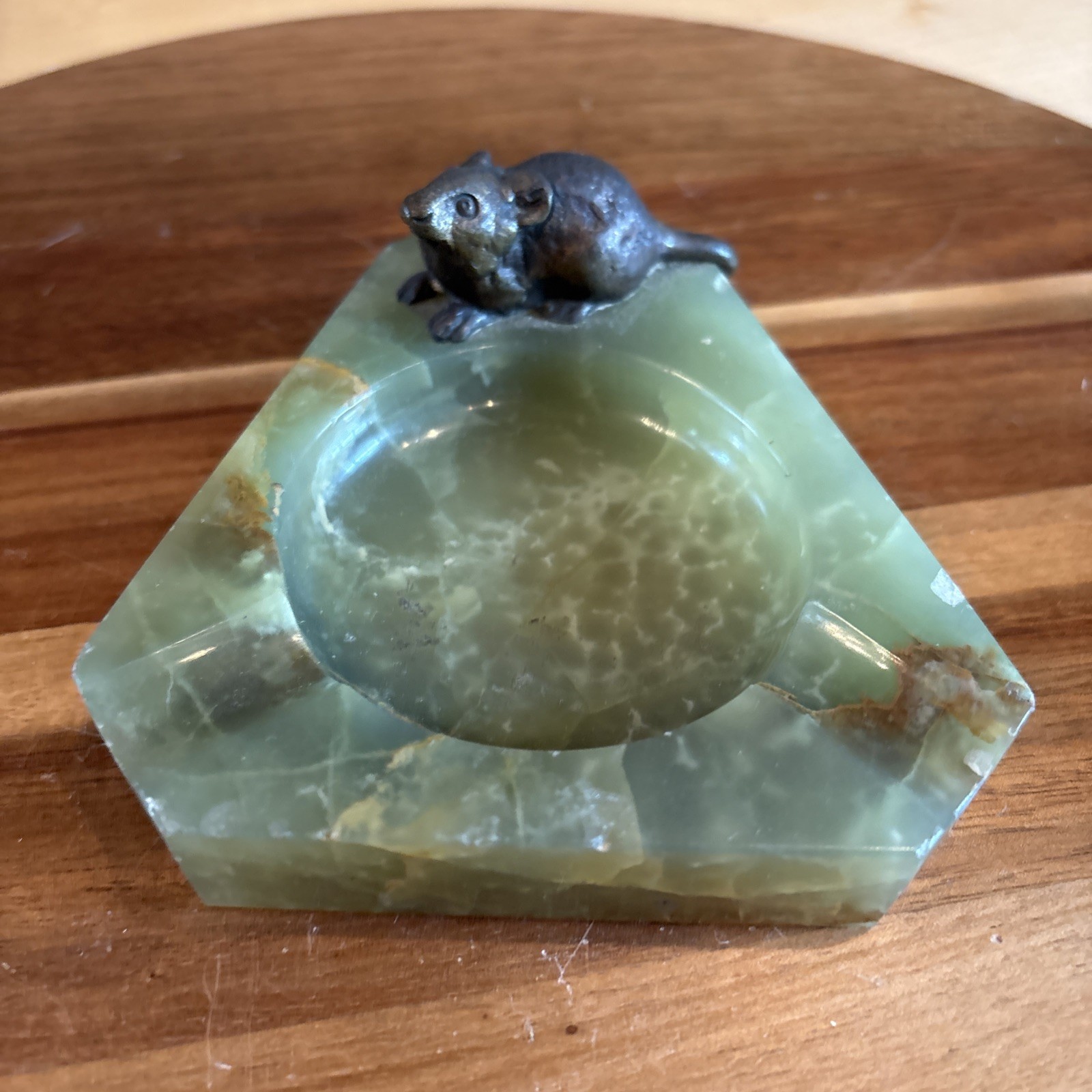 vintage green onyx ashtray w/ bronze finish mouse. 
