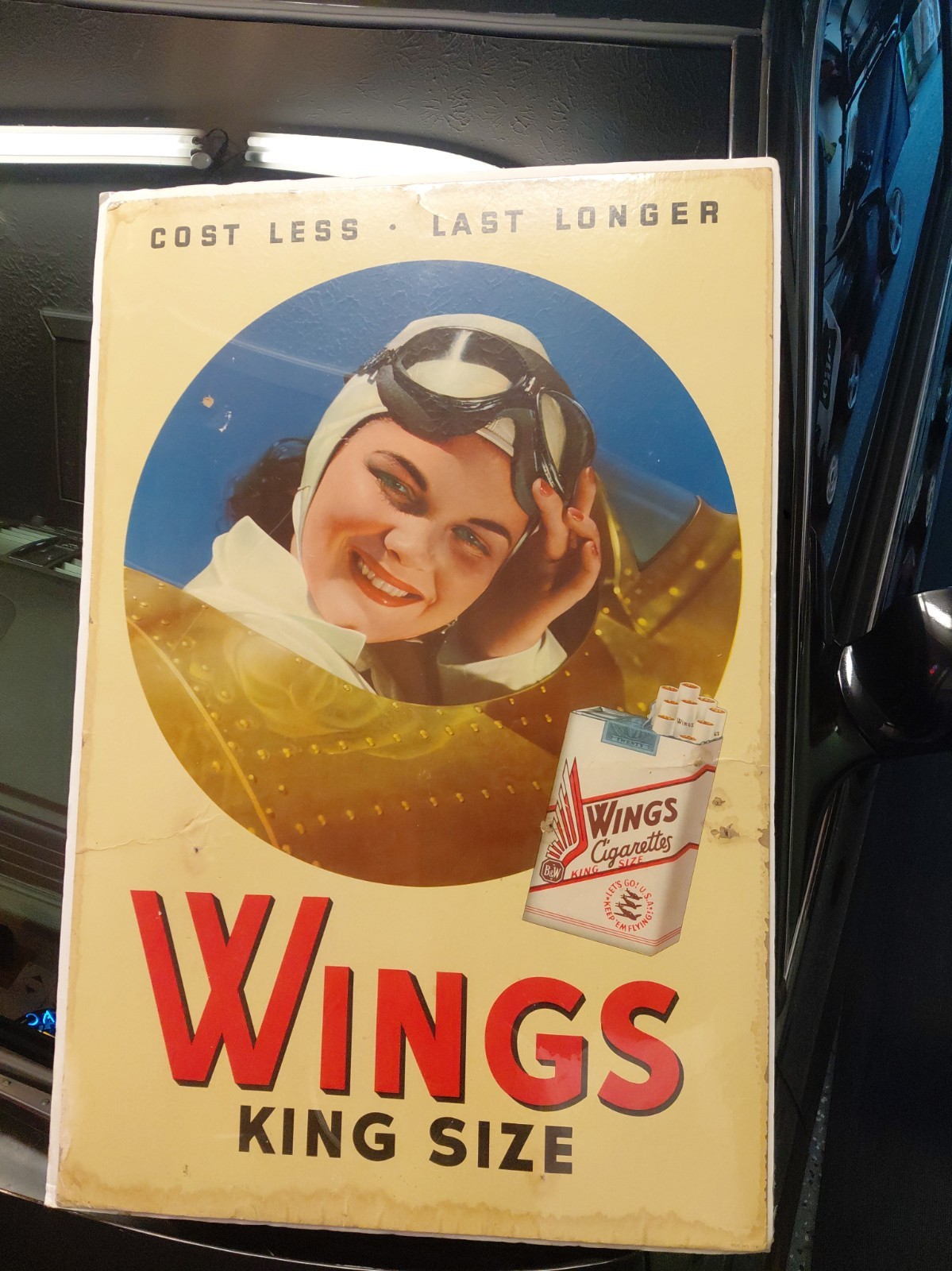 c.1940s Original Vintage Wings King Size Cigarettes Sign Litho Aviation Pilot 