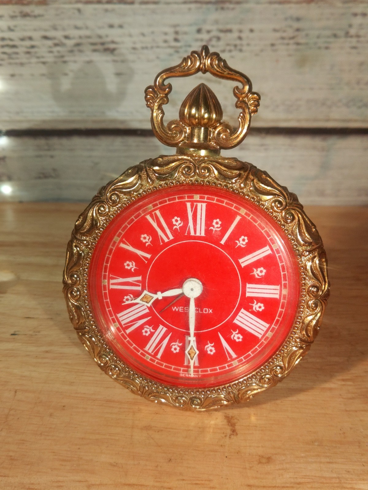 Ornate Vintage Westclox Cherish Germany Mechanical Wind Up Alarm Clock Gold Red