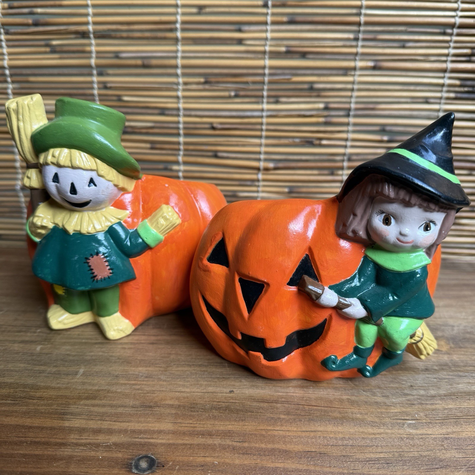 2 VTG Nancy Pew style Midcentury Halloween Pumpkin Planters Witch Scarecrow READ