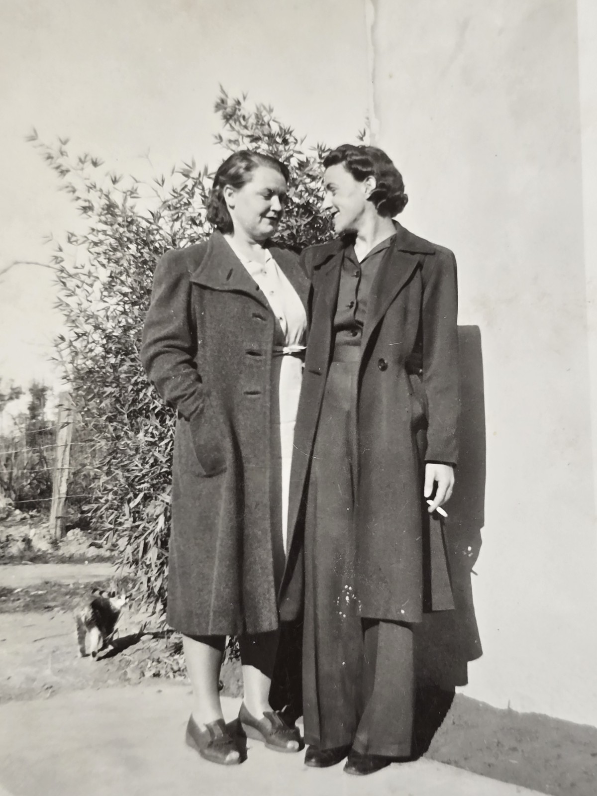 Vintage 1940s Snapshot Two Women Tender Moment Trousers Cat Portrait