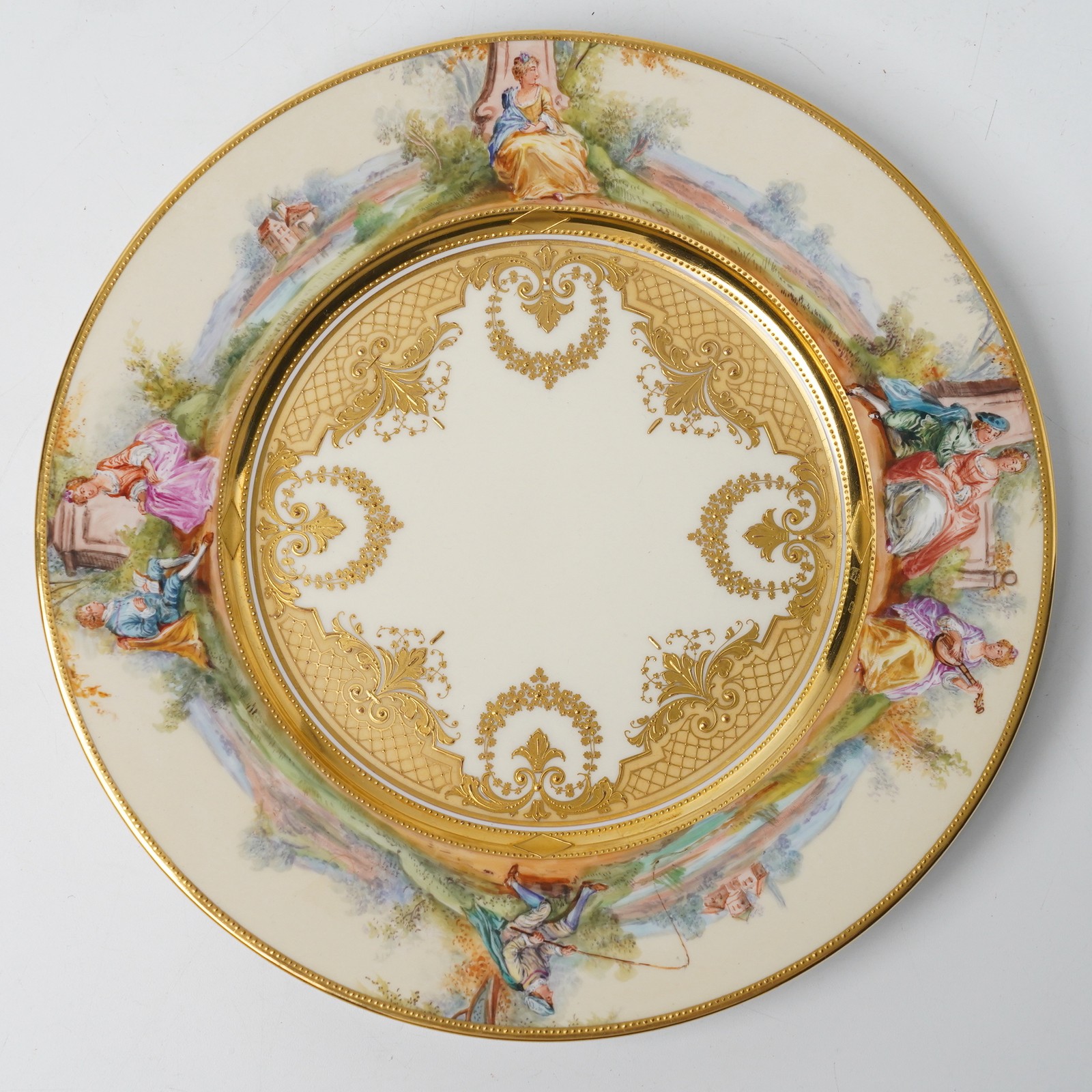Antique KPM Sceptre Dresden Hand Painted Watteau Scene Raised Gold Plate 10.5\