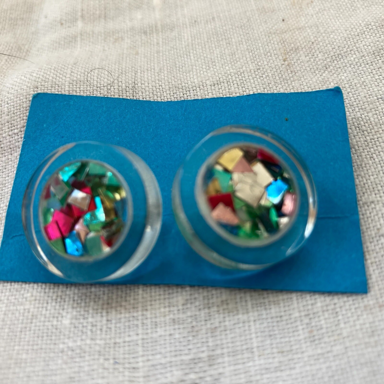 Two Vintage MCM Confetti Lucite Buttons Metal Shanks 2/4 in.