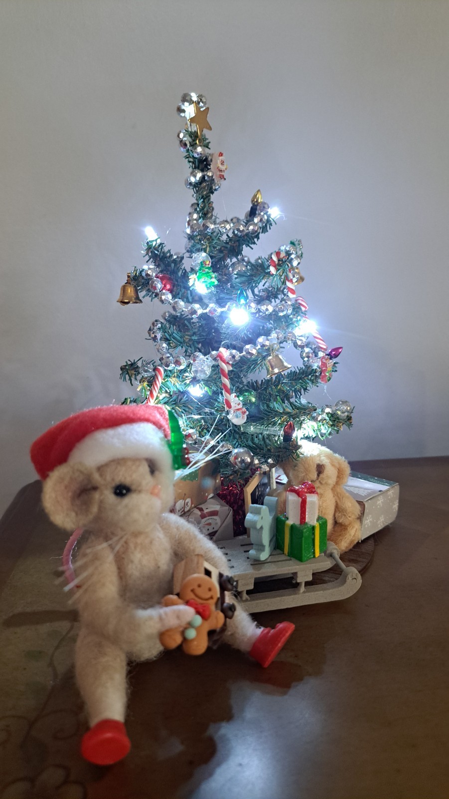 Christmas Handmade Needle Felted Mouse Figurine Holiday Decor with Lighted Tree