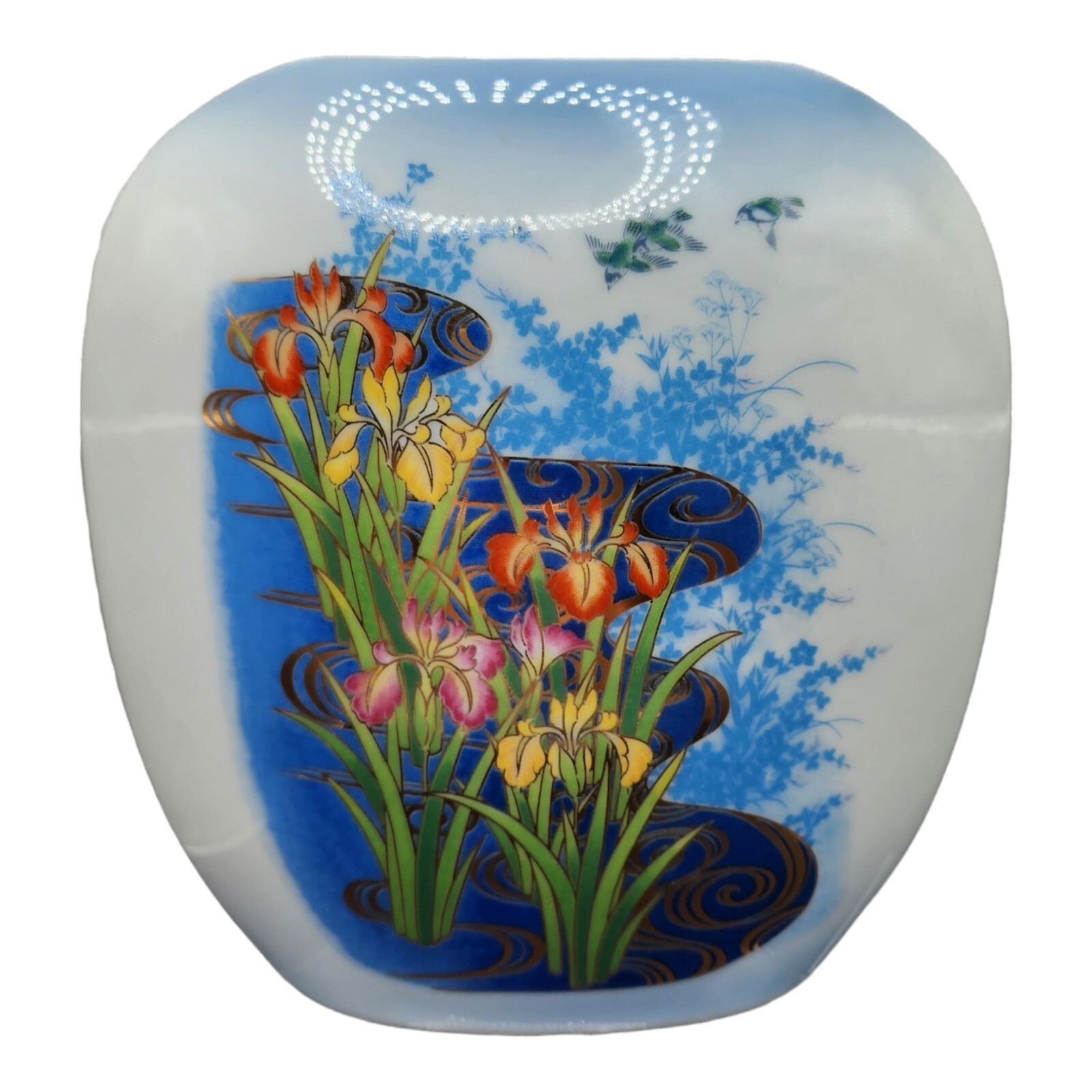 Vintage JGI Shaddy Mino China Pillow Vase Made In Japan Irises  7 1/4\