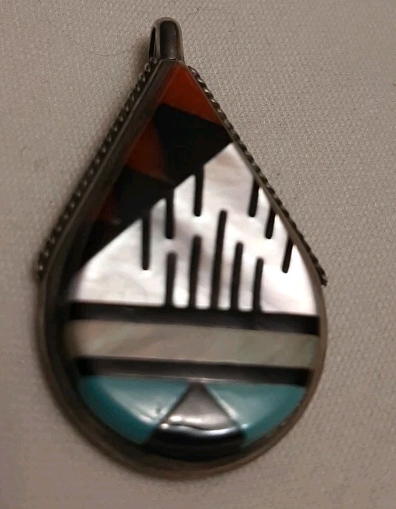 Navajo ZUNI Multi-GEM TURQ Shell CORAL Inlay STERL Silver 1 &3/8 Navajo ZUNI Multi-GEM TURQ Shell CORAL Inlay STERL Silver 1 &3/8