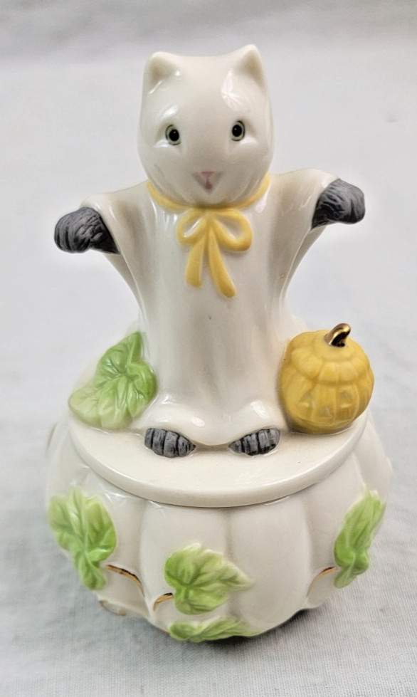 RETIRED SCARY CAT GHOST TRINKET BOX 24K ACCENTS HALLOWEEN KITTY PUMPKIN LENOX