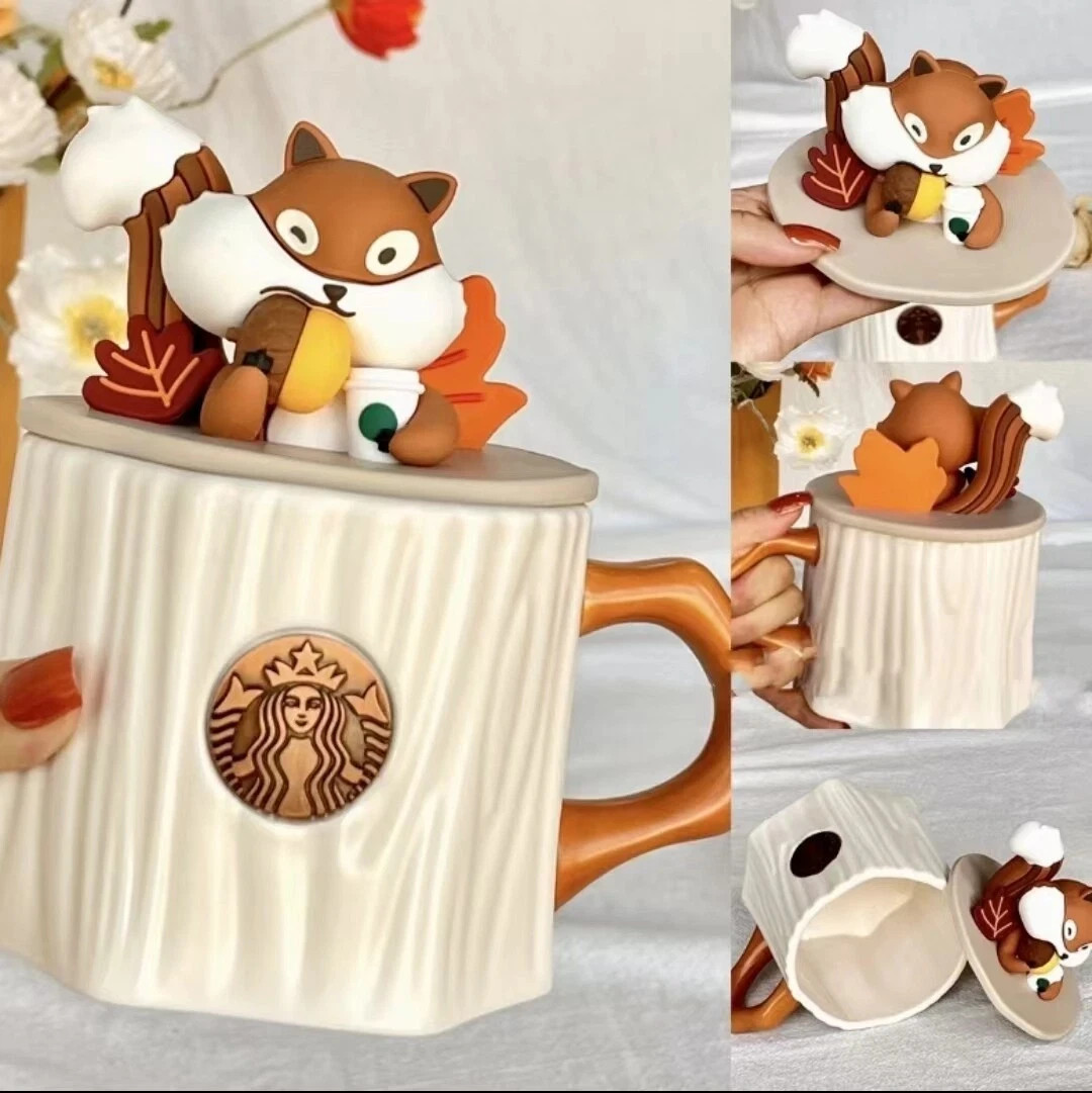 2025 Starbucks Stump Maple Leaf Cartoon Cute Squirrel Ceramic Mug w/ Lid, Gift