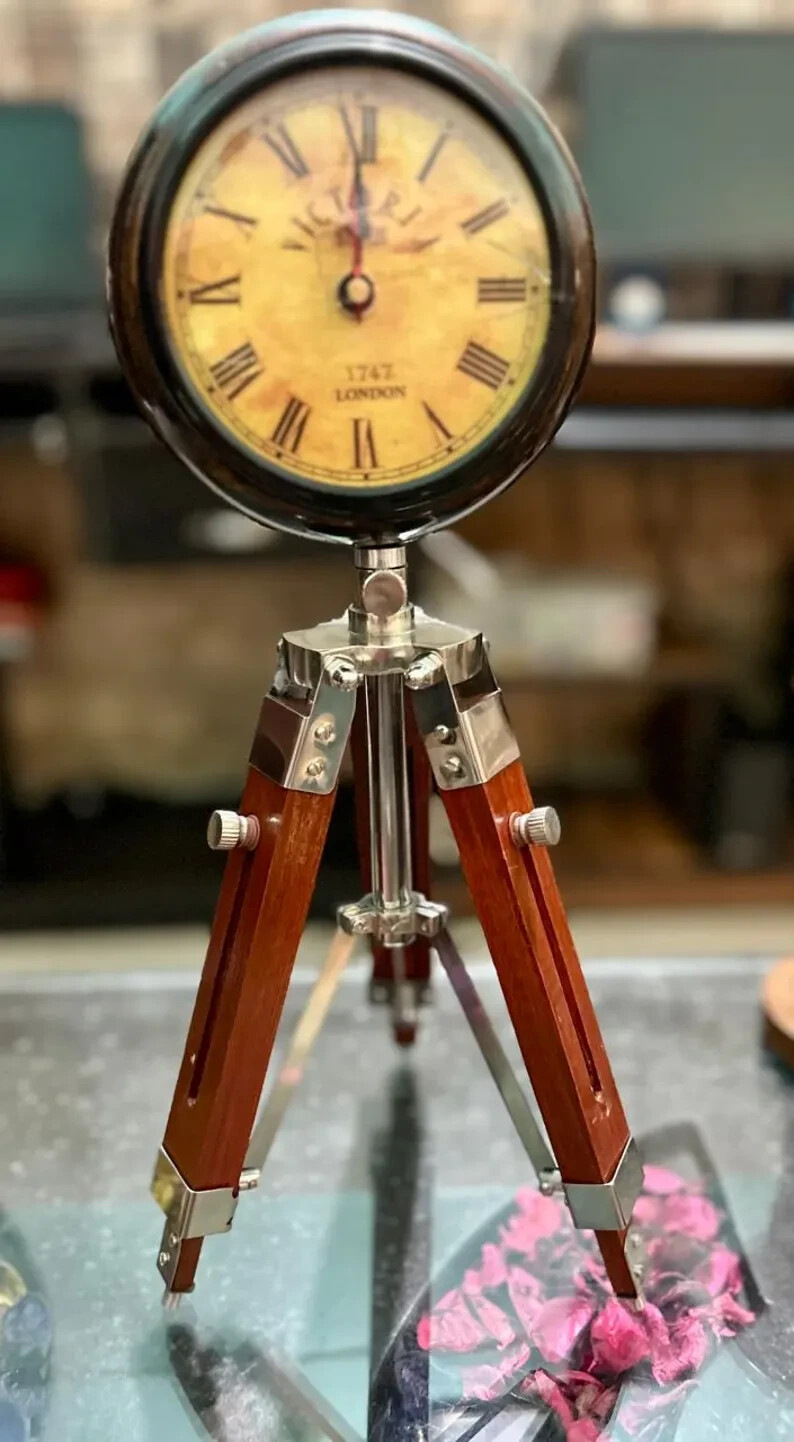 Nautical Desk Clock with Adjustable Wooden Tripod Stand – Steel, Wood, and Glass