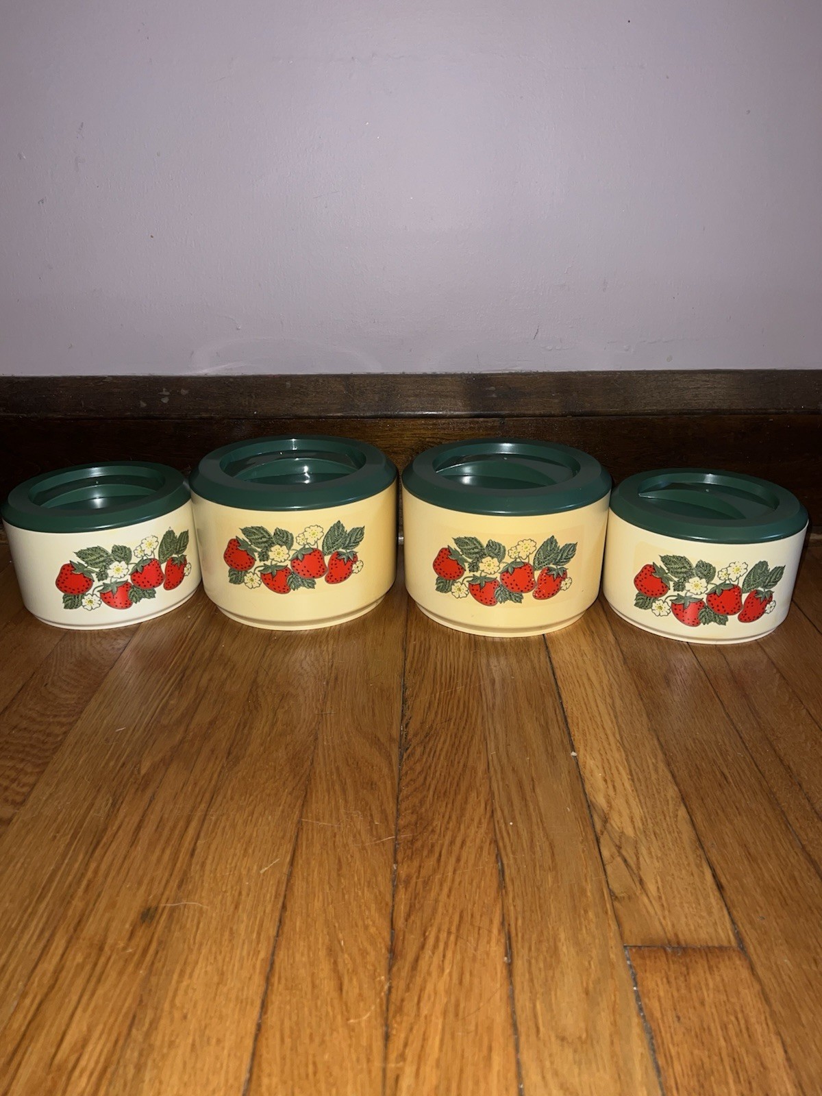 VINTAGE 1970\'s STERILITE HARD PLASTIC STRAWBERRY CANISTER NESTING SET OF 4