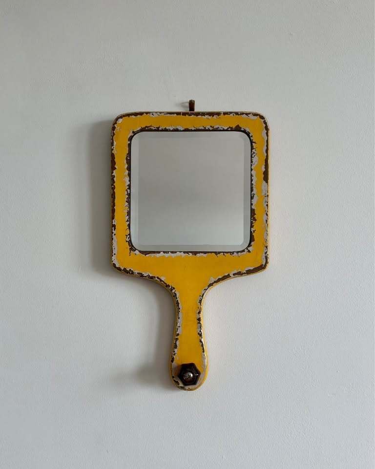 Vintage Yellow Painted Hand Mirror with Beveled Glass