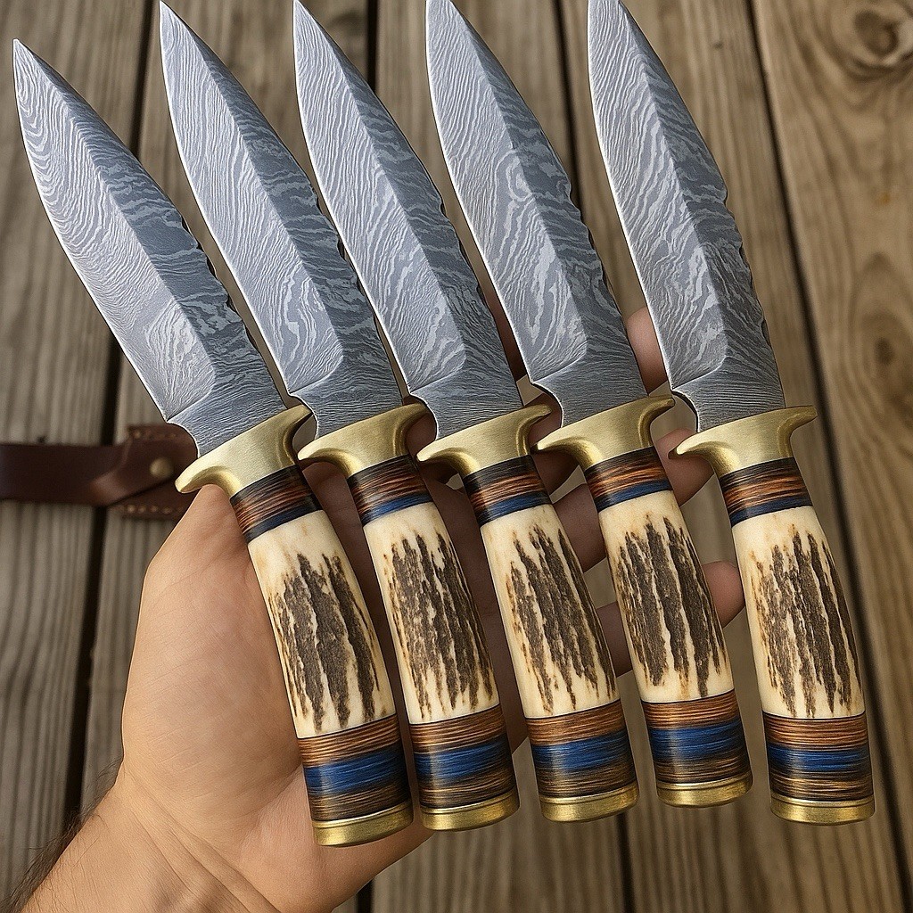 5 Pieces Lot HANDMADE DAMASCUS BLADE HUNTING SKINNIER KNIVES STAG ANTLER HANDLE