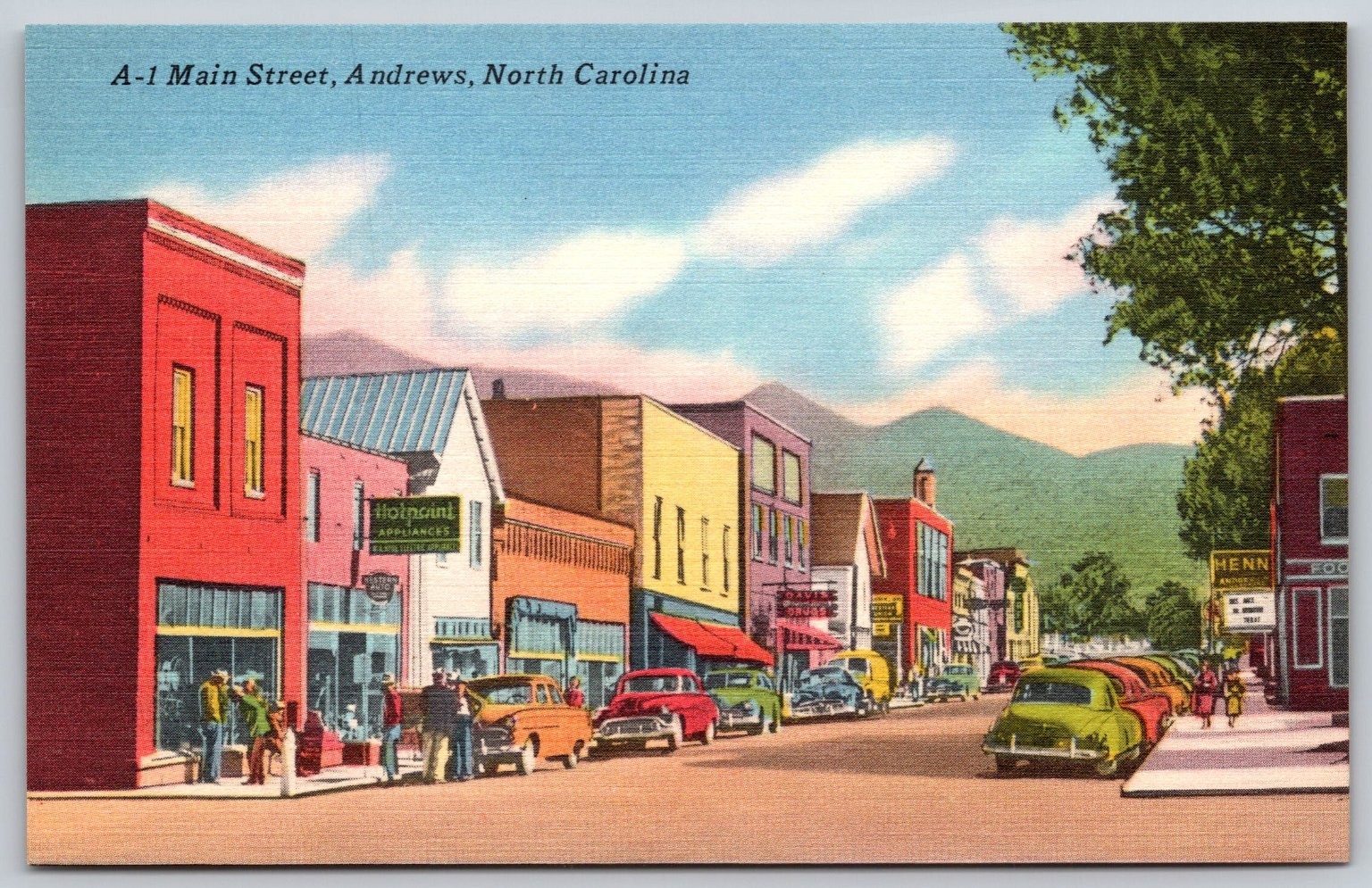 Andrews NC Main Street Vintage Linen Postcard 1940s 50s Cars Hotpoint Store BB20