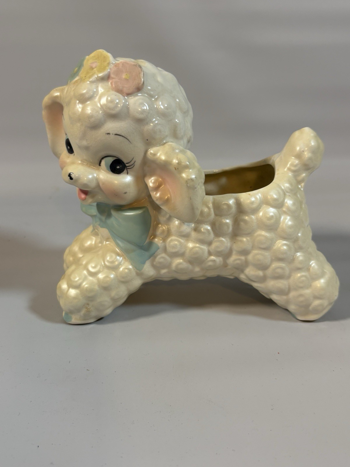 Vintage MCM Shiney Lacquer Playful Ceramic Sheep Lamb Planter