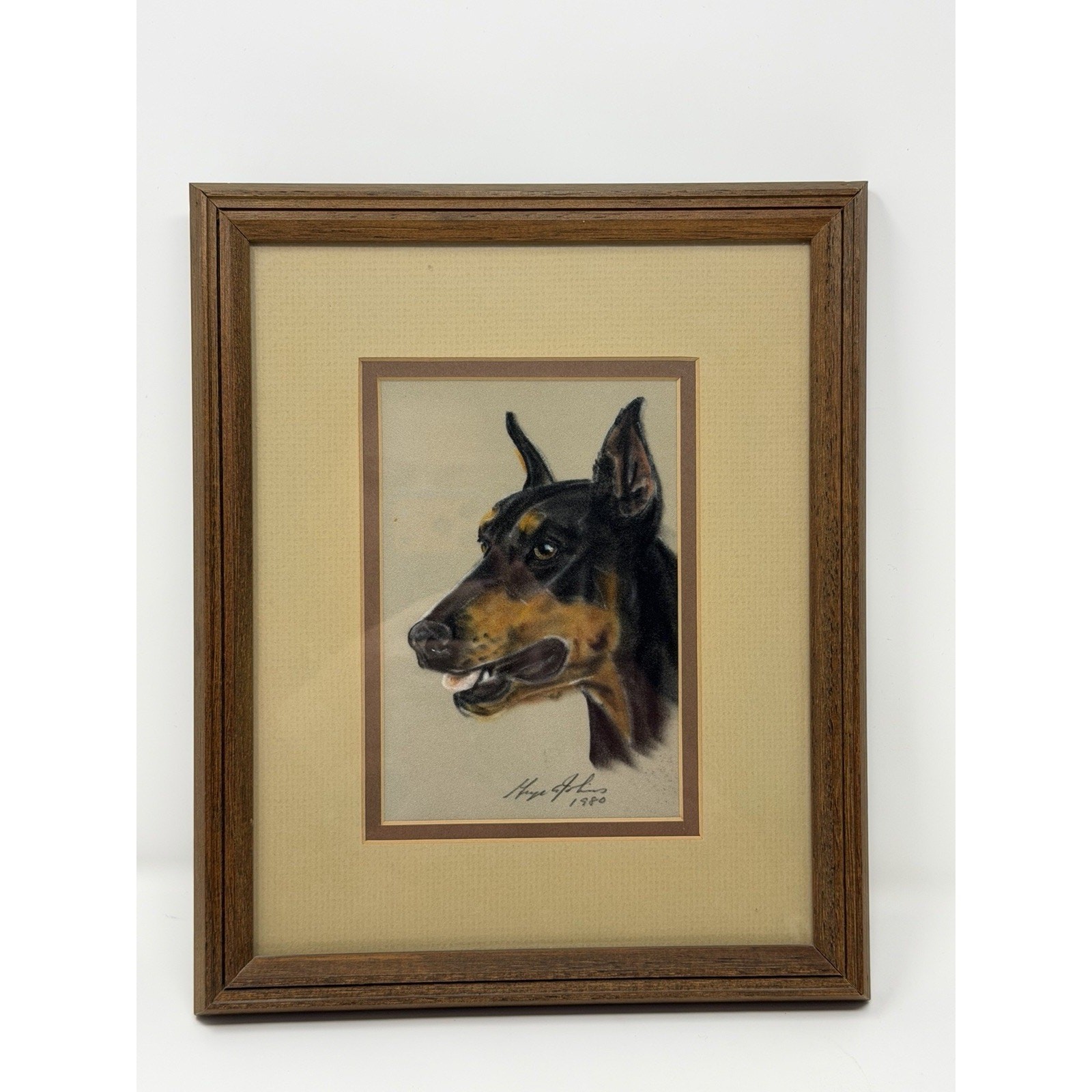 VTG George Johns Original 1980 Signed Framed Pastel Portrait Doberman Dog