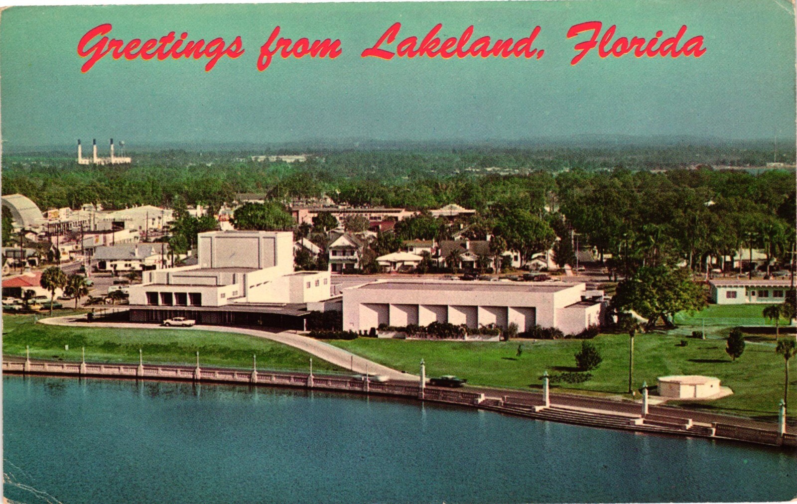 1965 Greetings From Lakeland Florida FL Civic Center Lake Mirror Postcard
