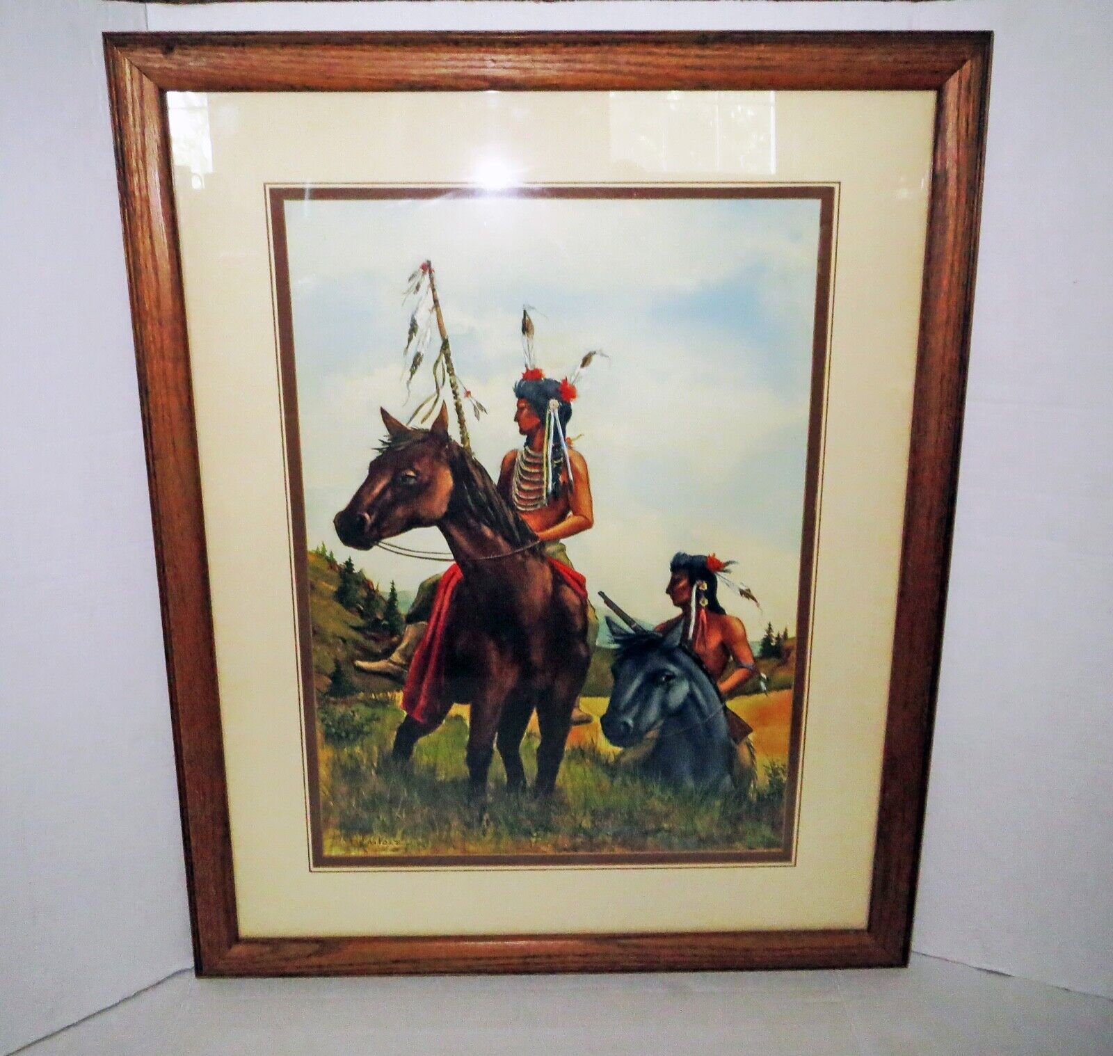 Antique Native American Indian Old Master Painting WARRIORS ON HORSE - SIGNED