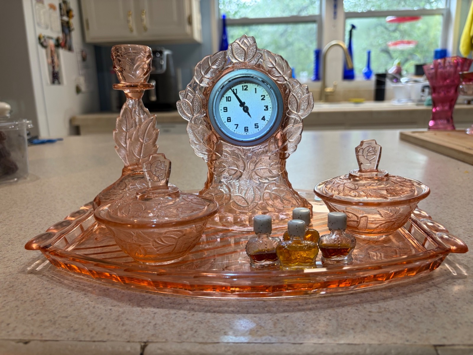 Vintage Pink Pressed Glass Vanity Set w/ Clock Tray Candlestick Powder Jars