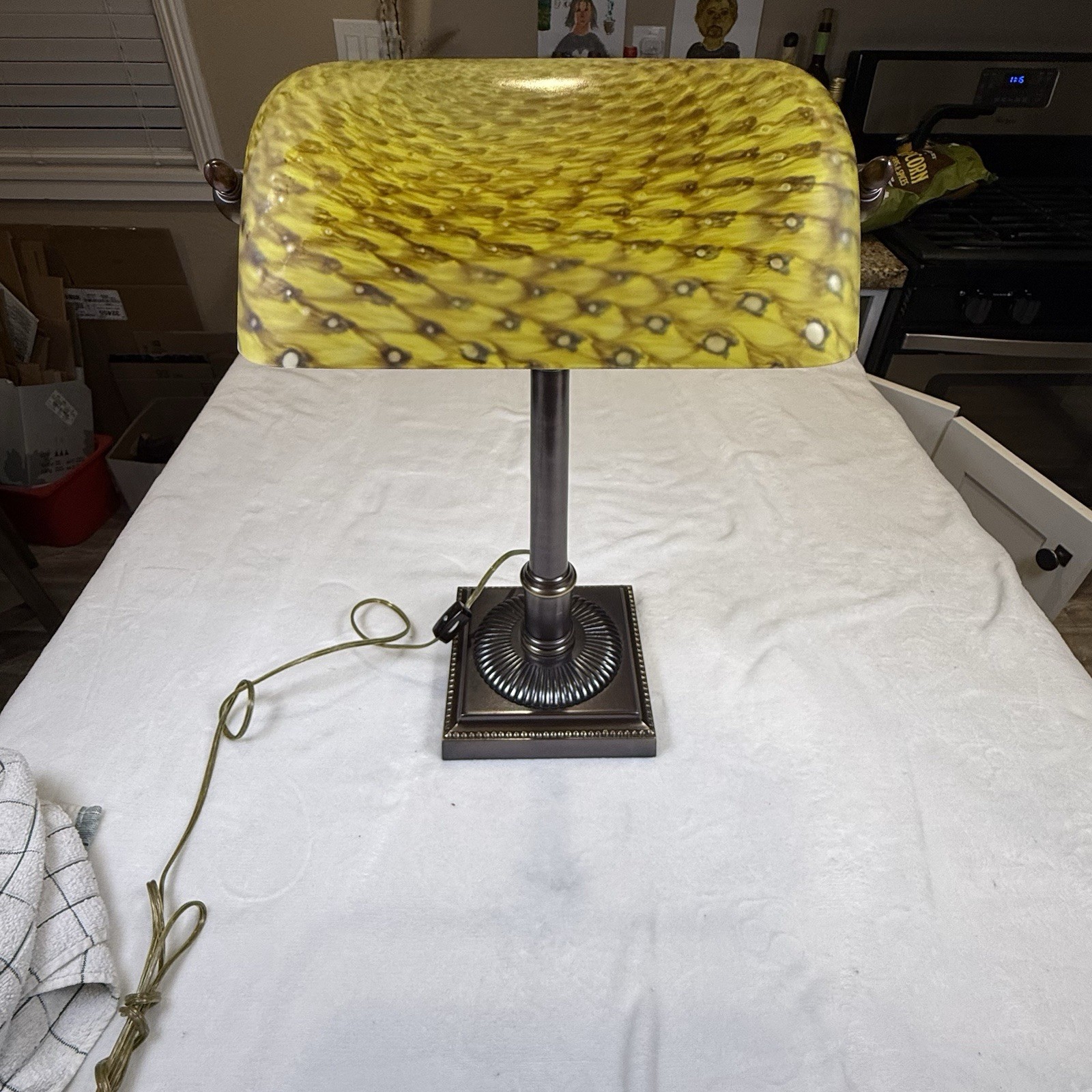 Frederick Cooper Chicago Banker Desk Lamp Yellow Art Glass Shade Bronze Tone