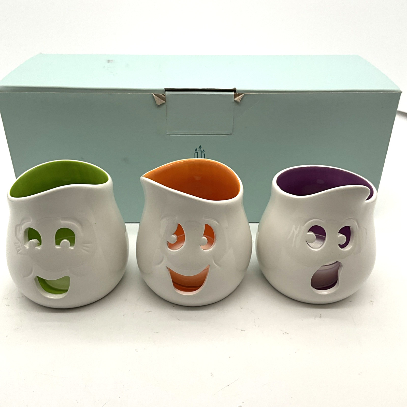 PartyLite Ghouly Tealight Holder Trio P9063 Halloween Ghost Ceramic Set w/ Box