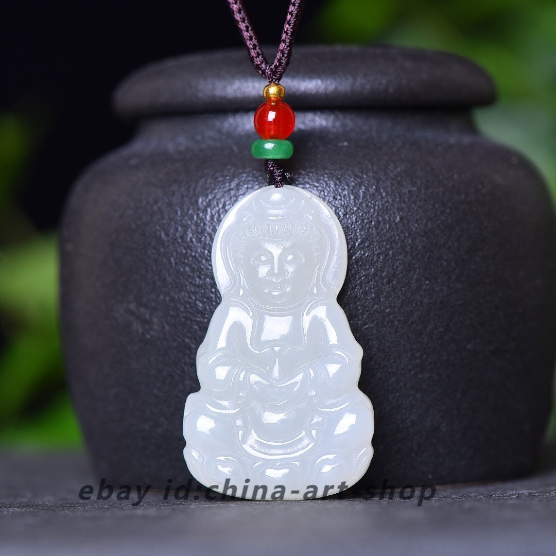 Natural Hetian White Nephrite Jade Kwan Yin Bodhisattva Amulet Pendant G376