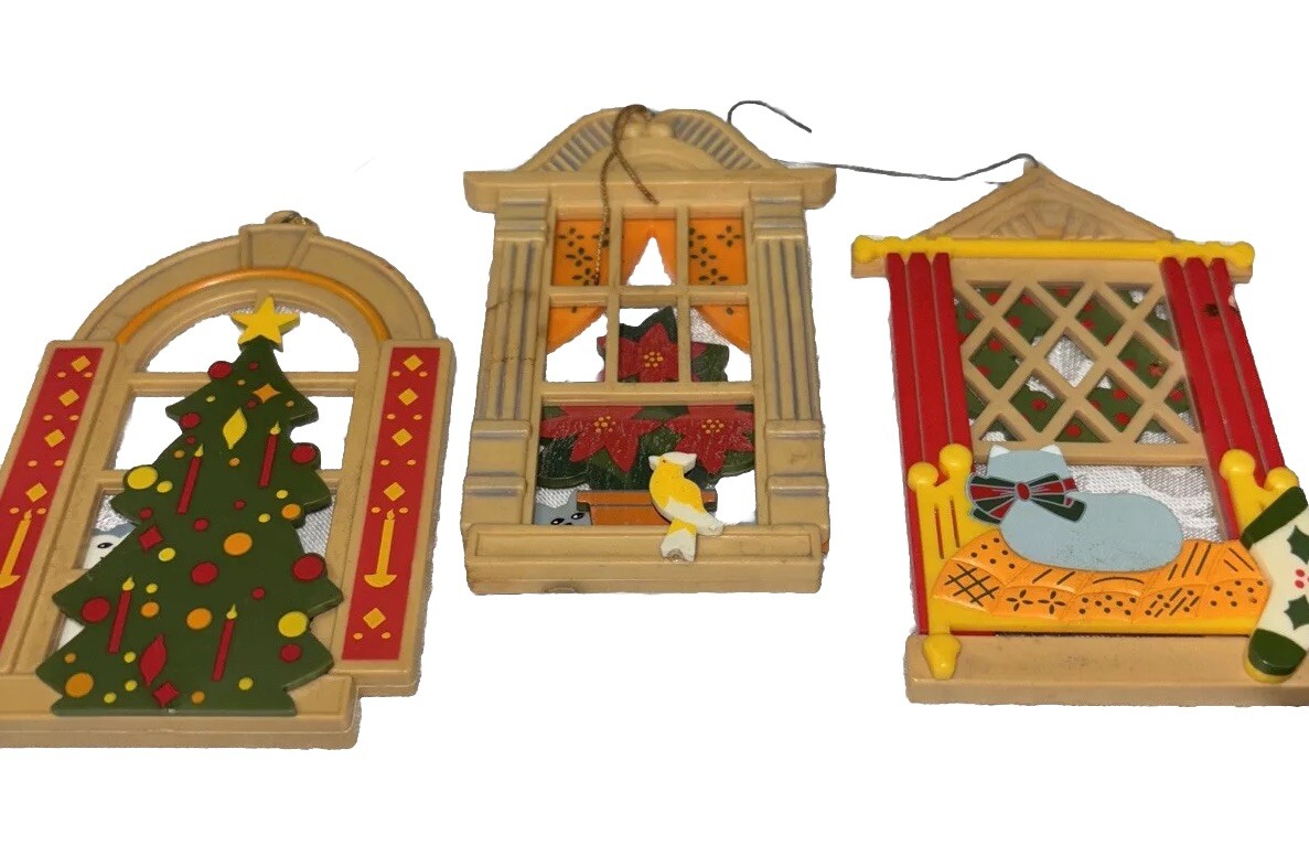 3 Vintage 80 ‘s Holiday Ornaments 2 Sided Cat Ornaments