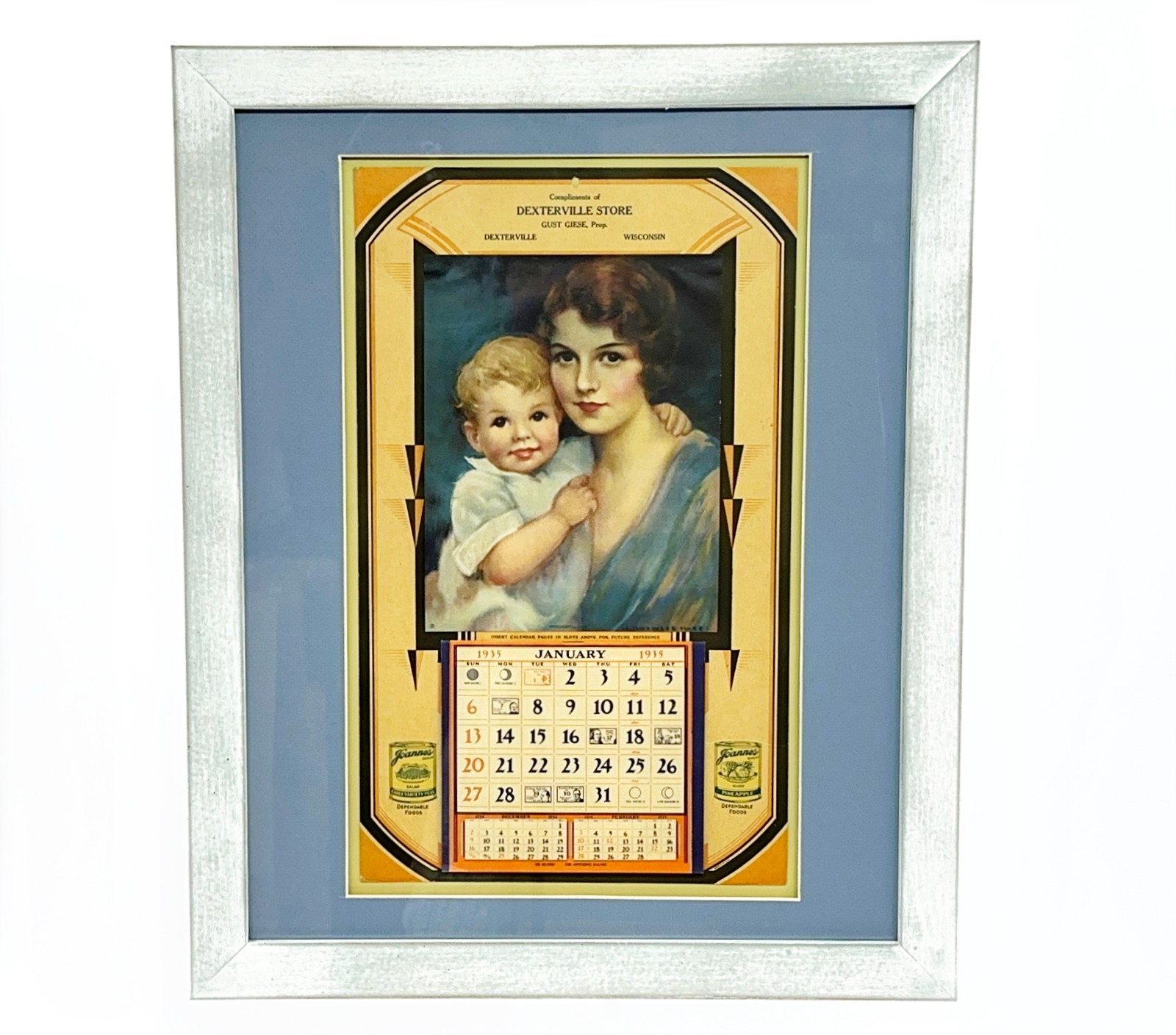 1935 Advertising Calendar J Knowles Hare Art Deco Framed Dexterville Wisconsin